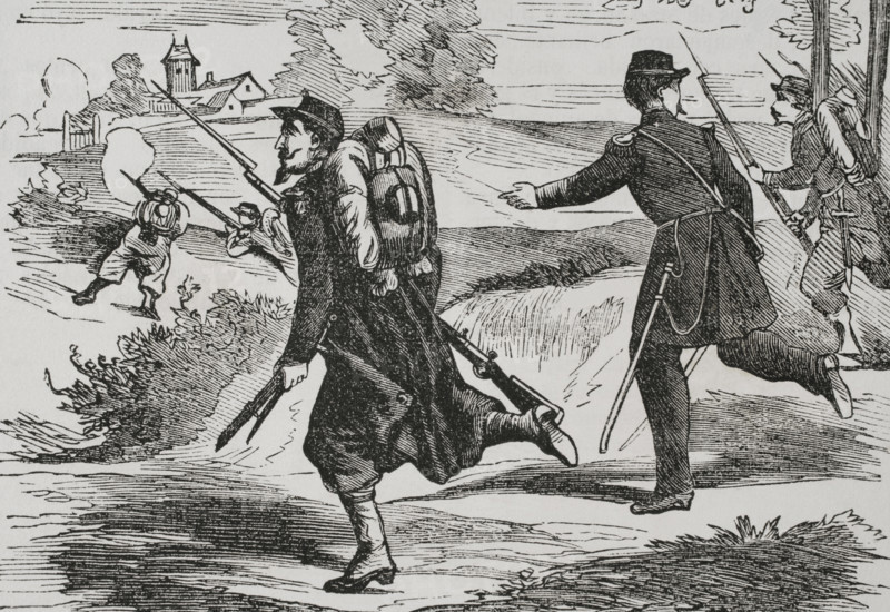 Franco-Prussian War (1870-1871). French army. Light infantry wearing field uniform. Engraving. ""Historia de la Guerra de Francia y Prusia"" (History of the War between France and Prussia). Volume I. Published in Barcelona, 1870.