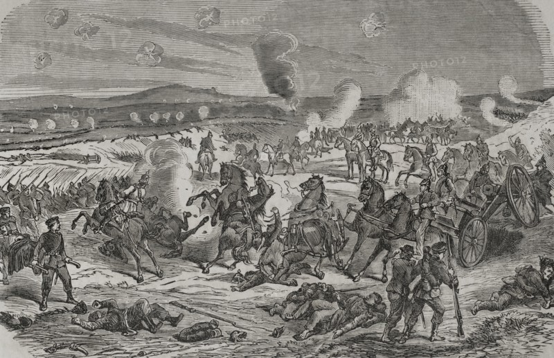 Franco-Prussian War (1870-1871). Battle of Sedan (1-2 September 1870). The Prussian army defeated and captured the entire French army, including Emperor Napoleon III who took part in the battle and surrendered his army. Position of the Prussian guard near Givonne, based on a drawing by A. Beck. Illustration by T. Padro. Engraving by Sadurni. ""Historia de la Guerra de Francia y Prusia"" (History of the War between France and Prussia). Volume I. Published in Barcelona, 1870.