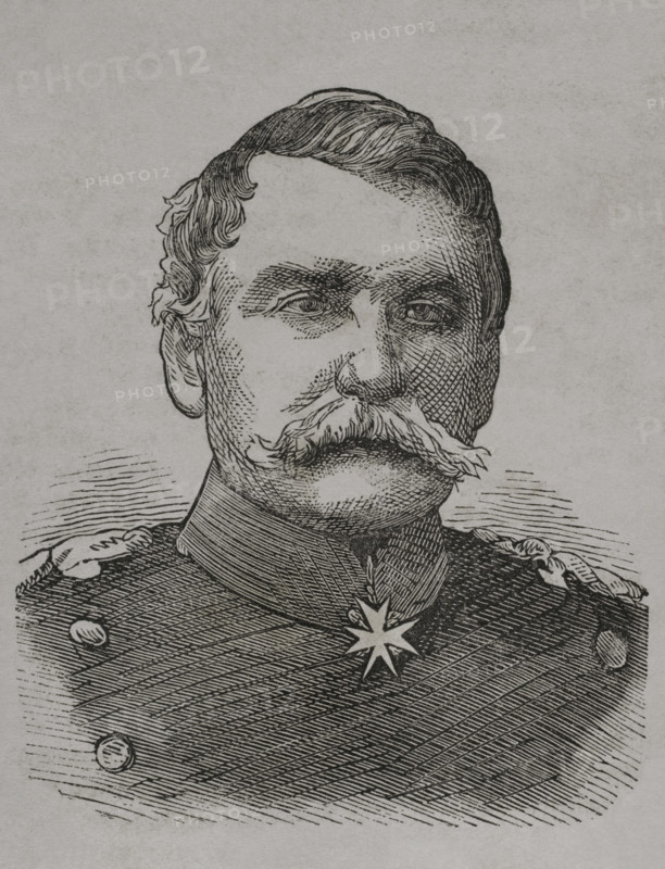 Gustav von Alvensleben (1803-1881). Prussian general. Portrait. Engraving. ""Historia de la Guerra de Francia y Prusia"" (History of the War between France and Prussia). Volume I. Published in Barcelona, 1870.