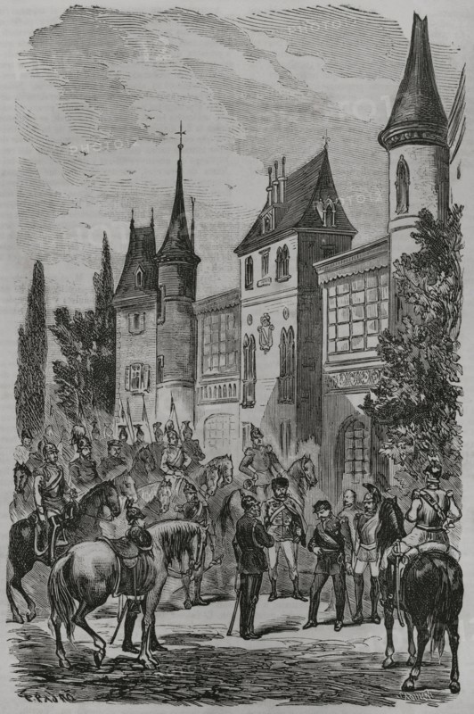 Franco-Prussian War. Napoleon III surrendering to King Wilhelm I of Prussia after being defeated. 2 September 1870. Illustration by T. Padro. Engraving by Sadurni. ""Historia de la Guerra de Francia y Prusia"" (History of the War between France and Prussia). Volume I. Published in Barcelona, 1870.