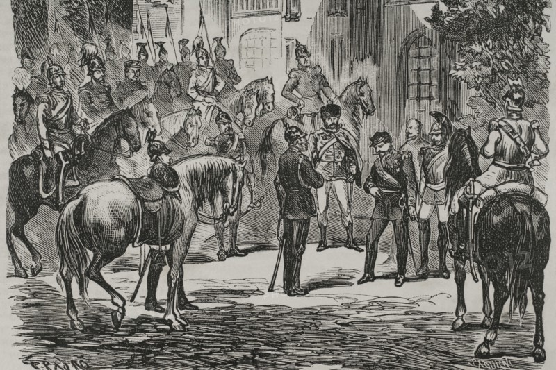 Franco-Prussian War. Napoleon III surrendering to King Wilhelm I of Prussia after being defeated. 2 September 1870. Illustration by T. Padro. Engraving by Sadurni. ""Historia de la Guerra de Francia y Prusia"" (History of the War between France and Prussia). Volume I. Published in Barcelona, 1870.