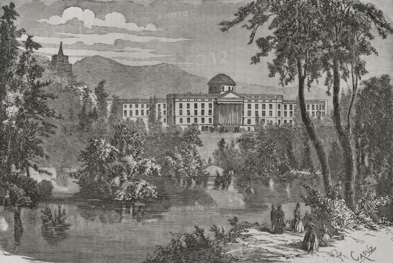 Wilhelmshohe Palace, at the Prussian city of Kassel. General view. After being taken prisoner at the Battle of Sedan, Napoleon III was placed under house arrest in the palace, where he arrived on 5 September 1870, remaining there until 19 March 1871, when he left for exile in England. Engraving by Capuz. ""Historia de la Guerra de Francia y Prusia"" (History of the War between France and Prussia). Volume I. Published in Barcelona, 1870.