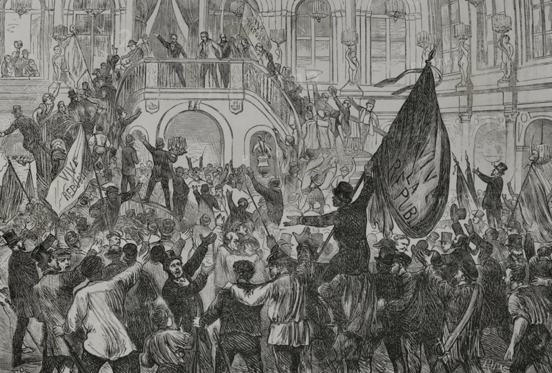 History of France. On Sunday 4 September 1870, Leon Gambetta (1838-1882), member of the government of National Defence, proclaimed the French Third Republic in the Place de l'Hitel-de-Ville in Paris, following the fall of the Second Empire after the defeat of Sedan, the capture of Napoleon III and the clamour of the Parisian people and the republicans. Proclamation of the French Republic in Paris. Engraving by Ribas. ""Historia de la Guerra de Francia y Prusia"" (History of the War between France and Prussia). Volume I. Published in Barcelona, 1870.