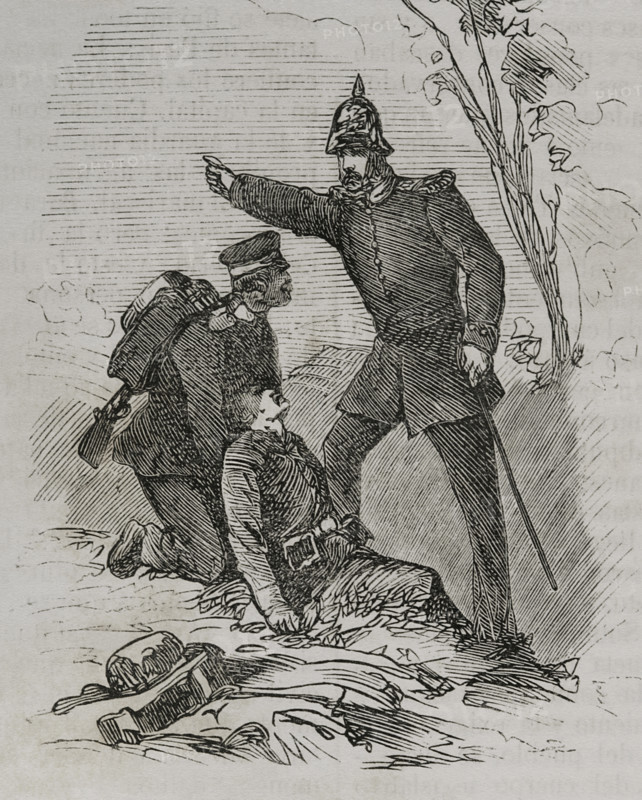 Franco-Prussian War (1870-1871). Prussian Military Medical Corps doctor. Engraving. ""Historia de la Guerra de Francia y Prusia"" (History of the War between France and Prussia). Volume I. Published in Barcelona, 1870.