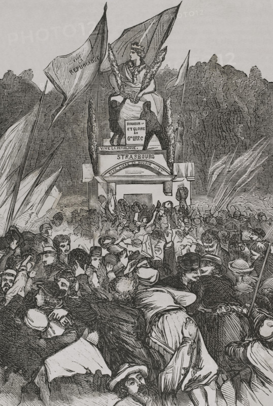 Franco-Prussian War (1870-1871). Paris, France. Demonstration at the Place de la Concorde, next to the statue of Strasbourg, a city personified in the form of a woman with a sword, symbolising the relationship between Paris and the Alsace region. Demonstration in favour of the defenders of Strasbourg. Engraving. ""Historia de la Guerra de Francia y Prusia"" (History of the War between France and Prussia). Volume I. Published in Barcelona, 1870.