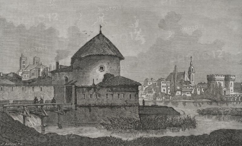 France. Fortress of Verdun. It was the last French fortress to surrender in the Franco-Prussian. Engraving by Laporta. ""Historia de la Guerra de Francia y Prusia"" (History of the War between France and Prussia). Volume I. Published in Barcelona, 1870.