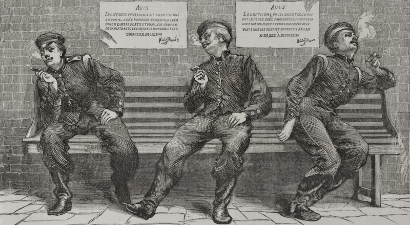 Franco-Prussian War (1870-1871). Prussian army. Bavarian officers smoking during a break. Engraving. ""Historia de la Guerra de Francia y Prusia"" (History of the War between France and Prussia). Volume I. Published in Barcelona, 1870.