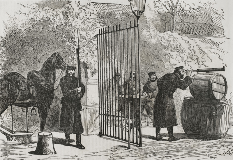Franco-Prussian War (1870-1871). Prussian outpost in the French town of Saint-Cloud. Engraving by Capuz. ""Historia de la Guerra de Francia y Prusia"" (History of the War between France and Prussia). Volume I. Published in Barcelona, 1870.