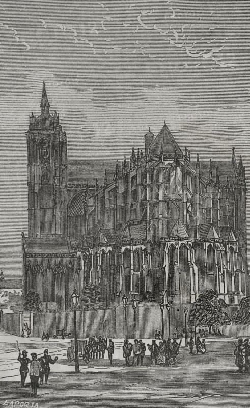 Le Mans, France. Cathedral of Saint Julian of Le Mans (Cathedrale Saint-Julien du Mans). General exterior view. Engraving by Laporta, 1870.