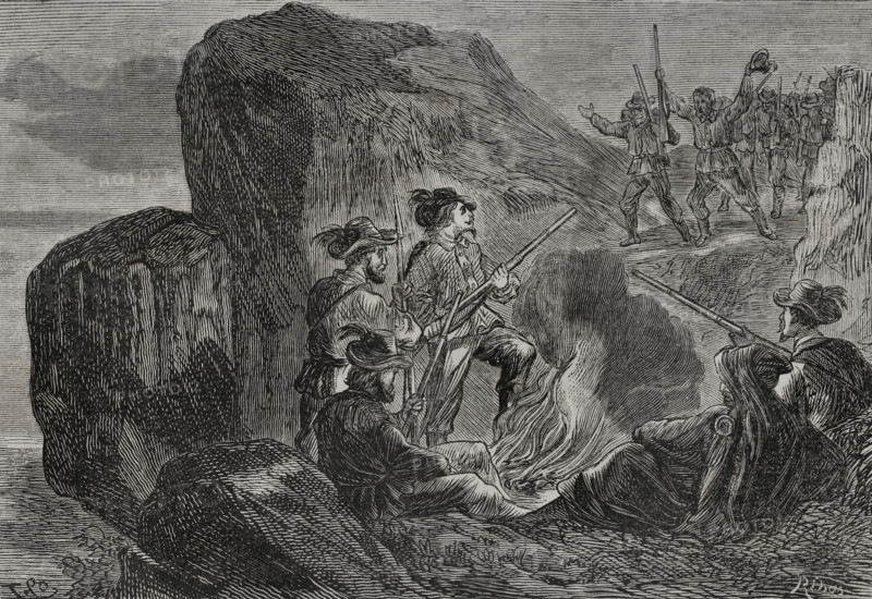 Franco-Prussian War (1870-1871). Army of the Vosges (October 1870-March 1871). Volunteer troops under the command of Giuseppe Garibaldi, formed to defend the road to Lyon against the Prussian army during the Franco-Prussian war. Garibaldian bivouac at the Vosges. Engraving by Ribas. ""Historia de la Guerra de Francia y Prusia"" (History of the War between France and Prussia). Volume I. Published in Barcelona, 1870.