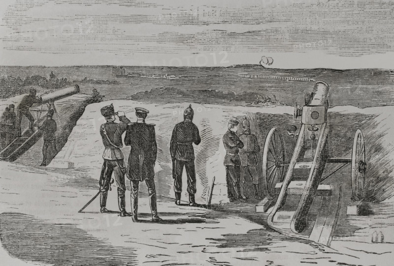 Franco-Prussian War (1870-1871). Siege of Metz (19 August to 27 October 1870). Prussian artillery battery. Engraving. ""Historia de la Guerra de Francia y Prusia"" (History of the War between France and Prussia). Volume I. Published in Barcelona, 1870.