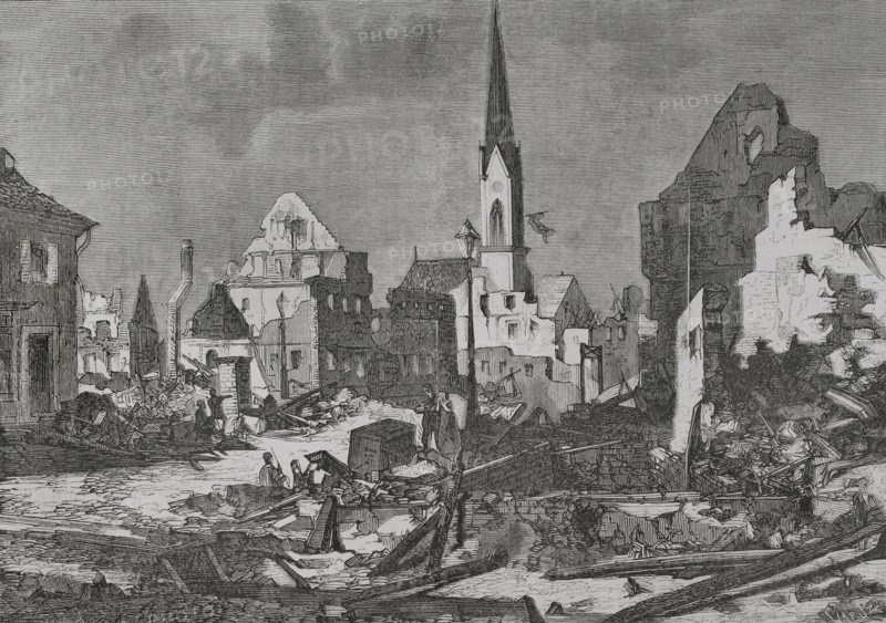 Franco-Prussian War (1870-1871). The main street of the town of Kehl, opposite Strasbourg, after its bombardment by French artillery. Engraving by Capuz. ""Historia de la Guerra de Francia y Prusia"" (History of the War between France and Prussia). Volume I. Published in Barcelona, 1870.