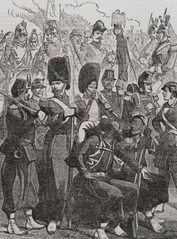 French army uniforms in 1870. Engraving. ""Historia de la Guerra de Francia y Prusia"" (History of the War between France and Prussia). Volume I. Published in Barcelona, 1870.