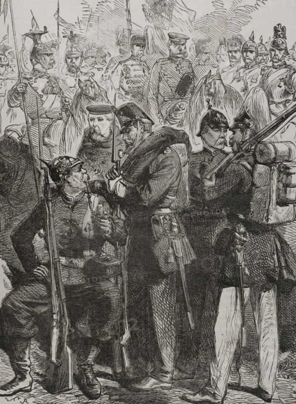 Prussian army uniforms in 1870. Engraving. ""Historia de la Guerra de Francia y Prusia"" (History of the War between France and Prussia). Volume I. Published in Barcelona, 1870.