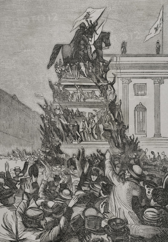 Franco-Prussian War (1870-1871). Berlin, 3 September 1870. The monument to Frederick the Great crowded with people celebrating the German victory over the French at the Battle of Sedan (1-2 September 1870). Engraving. ""Historia de la Guerra de Francia y Prusia"" (History of the War between France and Prussia). Volume I. Published in Barcelona, 1870.