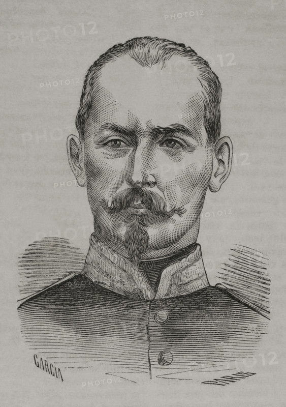 Camille Cremer (1840-1876). French divisionary general in the Franco-Prussian War. Portrait. Drawing by Garcia. Engraving by Paris. ""Historia de la Guerra de Francia y Prusia"" (History of the War between France and Prussia). Volume I. Published in Barcelona, 1870.