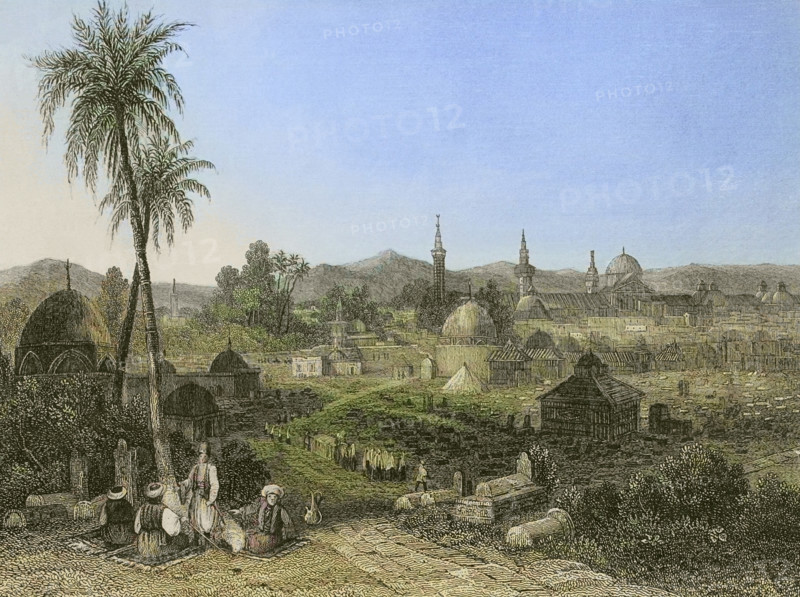 Damascus. Engraving by Ransonnette. Later colouration. ""La Tierra Santa y los lugares recorridos por los profetas, por los apostoles y por los cruzados"" (The Holy Land and the sites traversed by the prophets, by the apostles and by the crusaders). Published in Barcelona by the printing house of Joaquin Verdaguer, 1840.