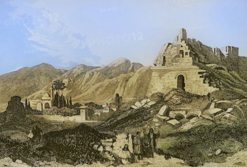 Miletus. Engraving by Aubert. Later colouration. ""La Tierra Santa y los lugares recorridos por los profetas, por los apostoles y por los cruzados"" (The Holy Land and the sites traversed by the prophets, by the apostles and by the crusaders). Published in Barcelona by the printing house of Joaquin Verdaguer, 1840.