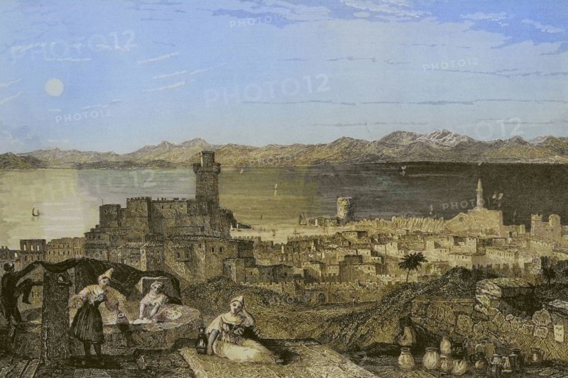 Island of Rhodes. Rhodes. Engraving by Leonce Lhuillier. Later colouration. ""La Tierra Santa y los lugares recorridos por los profetas, por los apostoles y por los cruzados"" (The Holy Land and the sites traversed by the prophets, by the apostles and by the crusaders). Published in Barcelona by the printing house of Joaquin Verdaguer, 1840.