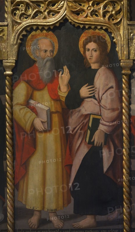 Agostino da Casanova. Italian painter documented in Liguria from 1523 to 1564. Simon the Zealot and John the Evangelist. Panel of a polyptych. Oil on panel. Ala Ponzone Civic Museum, Cremona, Italy.