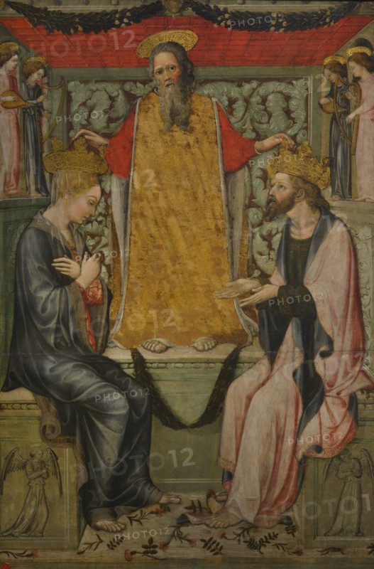 Bonifacio Bembo. Italian painter active from 1444 to 1478. Coronation of Christ and the Virgin by God the Father, 1467. Central panel of a canopy in the chapel of St. Anne in the Church of St. Augustine, Cremona. Tempera on panel. Ala Ponzone Civic Museum, Cremona, Italy.