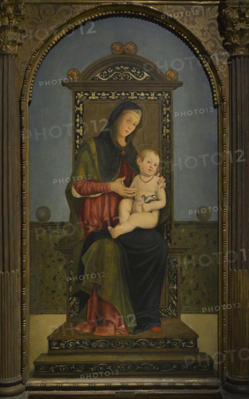 Filippo Mazzola (1460-ca. 1505). Italian painter. Virgin and Child on the throne. Detail of the central panel of a triptych. Tempera on board. Ala Ponzone Civic Museum, Cremona, Italy.