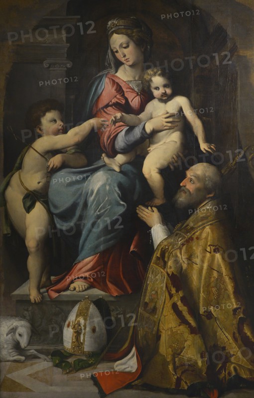 Altobello Melone (1491-ca. 1547). Italian painter. Virgin with Child, the Infant Saint John and Saint Nicholas of Bary. Oil on canvas. Ala Ponzone Civic Museum, Cremona, Italy.
