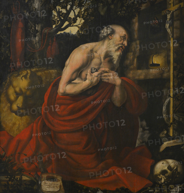 Saint Jerome (ca. 347-420). Father and Doctor of the Church. Penitent Saint Jerome. Painting attributed to Giovanni Secchi (Cremona, active during the first half of the 16th century). Oil on panel. Ala Ponzone Civic Museum, Cremona, Italy.