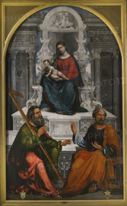 Ludovico Mazzolino (1480-ca. 1528). Italian painter. Virgin and Child on the throne with Saint Andrew and Saint Peter, ca. 1500-1520. Oil on panel. Ala Ponzone Civic Museum, Cremona, Italy.