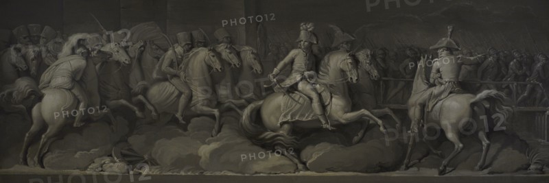Napoleonic Wars. War of the First Coalition (1792-1797). Battle of Lodi (10 May 1796). It faced the army led by Napoleon Bonaparte against the coalition troops commanded by General Sebottendorf. Napoleon won a victory that allowed him to conquer the bridge of Lodi, on the banks of the Adda River. Napoleon Bonaparte at the Battle of Lodi. The scene depicts the Austrian retreat towards Mantua after General Beaulieu's attempt to block the French at Lodi. Tempera on paper applied to canvas (136,5 x 47 cm), by Andrea Appiani (1754-1817), ca. 1800-1801. Modern Art Gallery, Milan, Italy.
