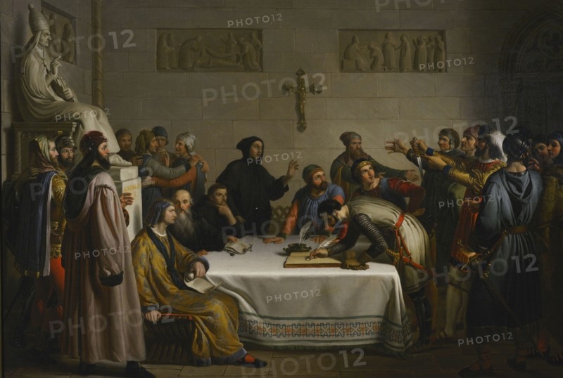 Giuseppe Diotti (1779-1846). Italian painter. The Oath of Pontida, 1836-1837. Painting that depicts the ceremony that would have taken place on 7 April 1167, in the abbey of Pontida, near Bergamo (Italy). The municipalities of Milan, Lodi, Ferrara, Parma and Piacenza allied militarily to fight against the Holy Roman Empire of Frederick I Barbarossa (1122-1190), which was the origin of the Lombard League. Oil on canvas. Gallery of Modern Art. Milan. Italy. (On loan, from Pinacoteca di Brera).