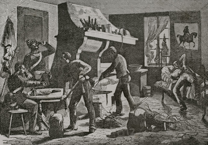 Franco-French War (1870-1871). Prussian soldiers housed in France. Engraving. ""Historia de la Guerra de Francia y Prusia"" (History of the War between France and Prussia). Volume I. Published in Barcelona, 1870.