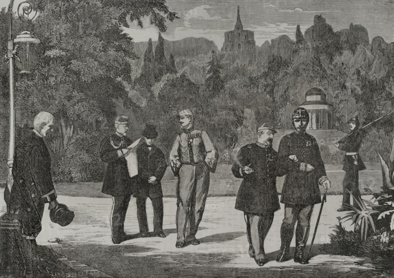 Napoleon III (1808-1873). President of the French Second Republic (1848-1852) and later Emperor of the French (1852-1870). Napoleon III at Wilhelmshohe Palace in the Prussian city of Kassel, his residence from 4 September 1870 after his defeat and capture at Sedan. From left to right: Ney, Dr Henri Conneau, General Murat, Napoleon III and General de Castelnau. Engraving by Capuz. ""Historia de la Guerra de Francia y Prusia"" (History of the War between France and Prussia). Volume I. Published in Barcelona, 1870.