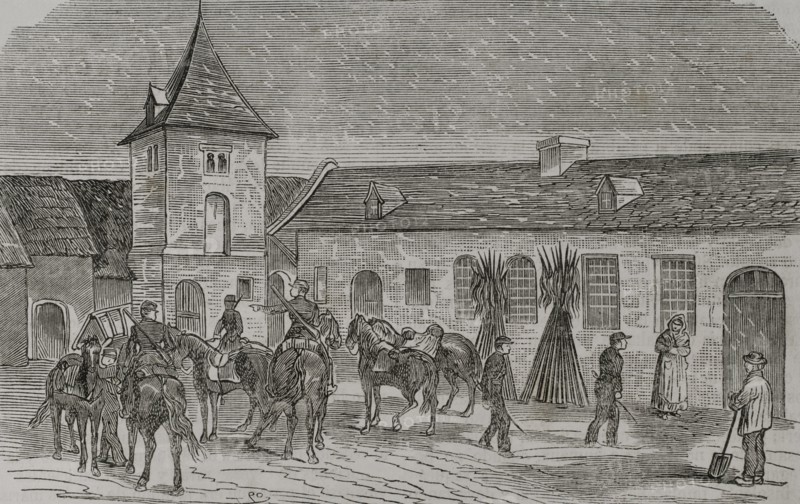 Franco-Prussian War (1870-1871). French Army. General Faidherbe's headquarters at Boisleux. Engraving. ""Historia de la Guerra de Francia y Prusia"" (History of the War between France and Prussia). Volume I. Published in Barcelona, 1870.
