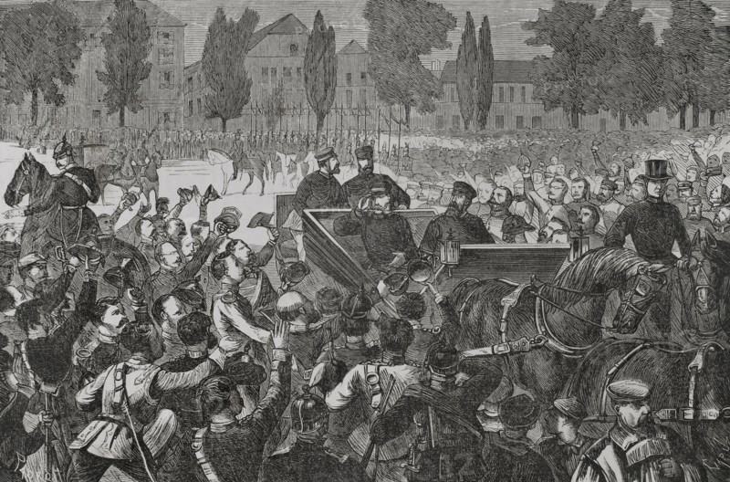 William I (1797-1888). King of Prussia (1861-1888) and Emperor of Germany (1871-1888). Arrival of King Wilhelm I of Prussia at Versailles. Drawing by Padro. Engraving by Capuz. ""Historia de la Guerra de Francia y Prusia"" (History of the War between France and Prussia). Volume I. Published in Barcelona, 1870.