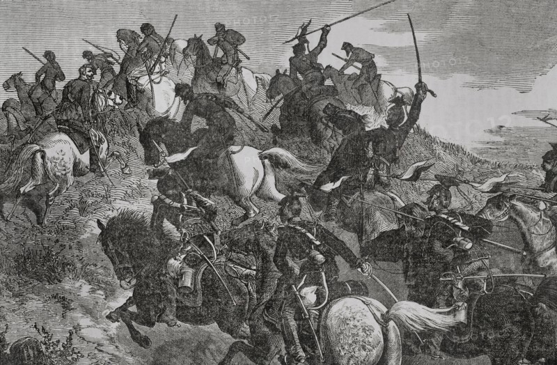 Franco-Prussian War (1870-1871). Engagement between Prussian army Uhlans and French Chasseurs d'Afrique. August 1870. Engraving. ""Historia de la Guerra de Francia y Prusia"" (History of the War between France and Prussia). Volume I. Published in Barcelona, 1870.