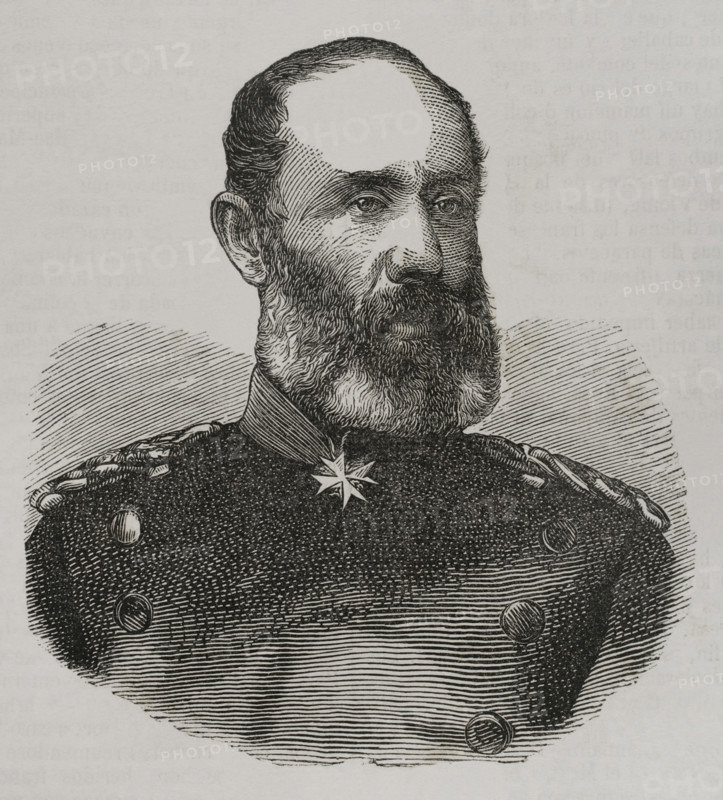 Ludwig von Wittich (Friedrich Wilhelm Ludwig von Wittich) (1818-1884). Prussian lieutenant general. Portrait. Engraving. ""Historia de la Guerra de Francia y Prusia"" (History of the War between France and Prussia). Volume I. Published in Barcelona, 1870.