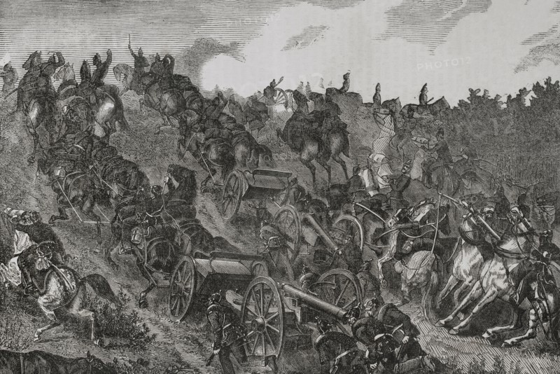 Franco-Prussian War (1870-1871). Prussian artillery engaging in combat. August 1870. Engraving. ""Historia de la Guerra de Francia y Prusia"" (History of the War between France and Prussia). Volume I. Published in Barcelona, 1870.