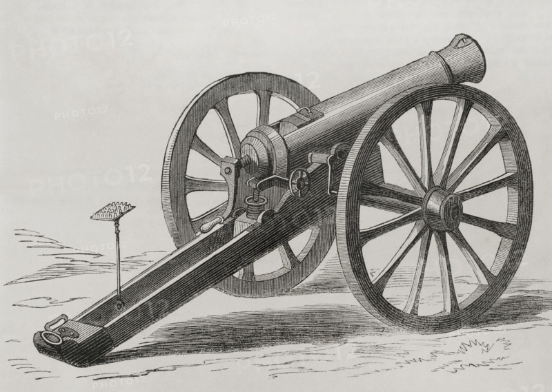 French Mitrailleuse. Back view. Engraving. ""Historia de la Guerra de Francia y Prusia"" (History of the War between France and Prussia). Volume I. Published in Barcelona, 1870.