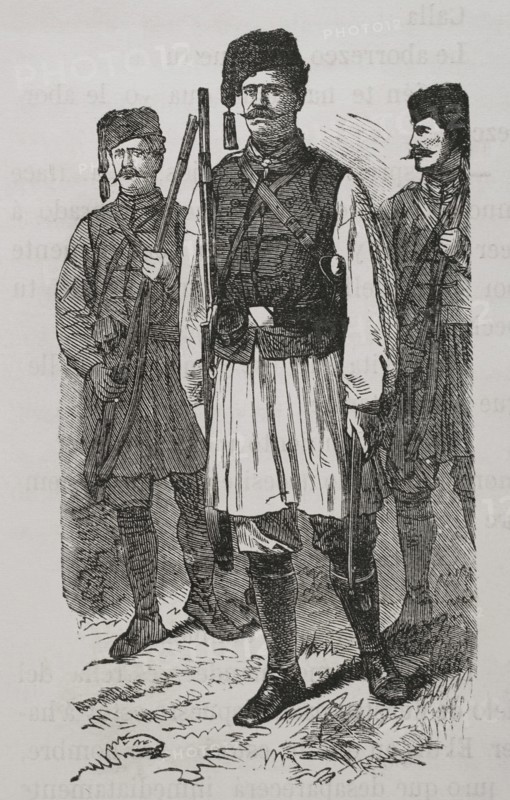 Russo-Turkish War (1877-1878). Serbian irregular troops. Engraving. ""La Guerra de Oriente"" (The Russo-Turkish War). Volume I. 1877.