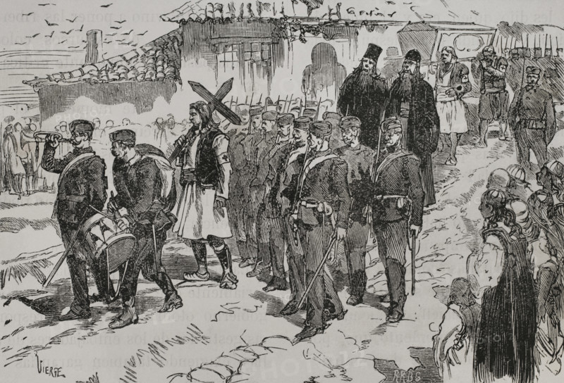 Russo-Turkish War (1877-1878). Burial of a Serbian volunteer. Engraving by Vierge. ""La Guerra de Oriente"" (The Russo-Turkish War). Volume I. 1877.