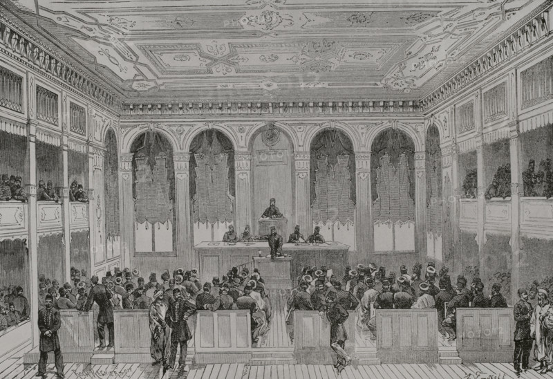 Istanbul, Turkey. A session of the Turkish Parliament. Engraving by Roch-Regnier. ""La Guerra de Oriente"" (The Russo-Turkish War). Volume I. 1877.