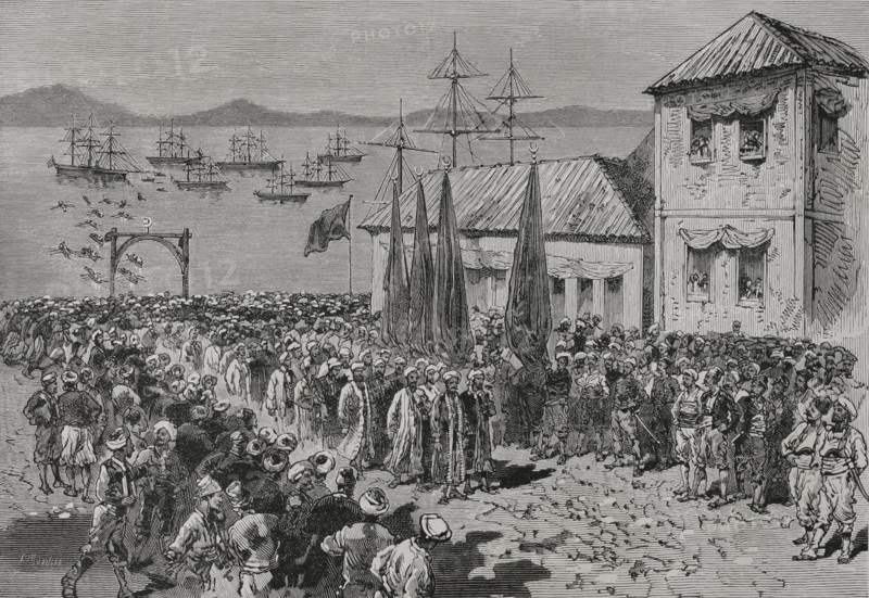 The Eastern Question. Landing of Softas in Thessaloniki (during Ottoman rule of the city). The Softas were religious students of Islam. Engraving by Meaulle. """"La Guerra de Oriente"" (The Russo-Turkish War). Volume I. 1877.