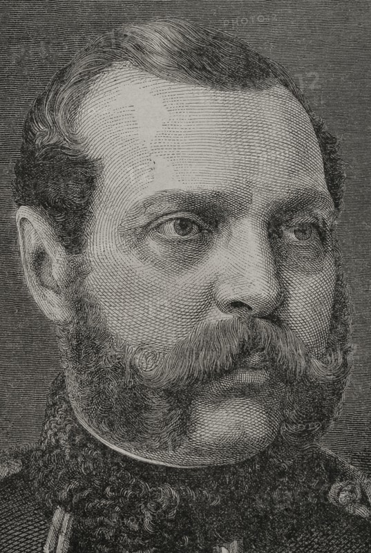 Alexander II of Russia (1818-1881). Czar of the Russian Empire (1855-1881). Portrait. Engraving. Detail. ""La Guerra de Oriente"" (The Russo-Turkish War). Volume I. 1877.