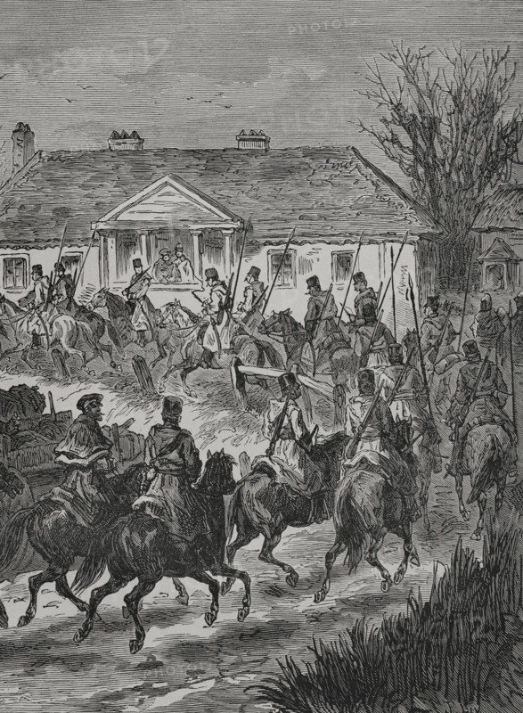 Russo-Turkish War (1877-1878). Russian Imperial Army. A Don Cossacks sotnia heading for Kischeneff. Engraving. Detail. ""La Guerra de Oriente"" (The Russo-Turkish War). Volume I. 1877.