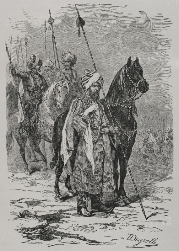 Russo-Turkish War (1877-1878). Kurdish cavalry of the Turkish army. Engraving by L. Chapon and Theophile Deyrolle. ""La Guerra de Oriente"" (The Russo-Turkish War). Volume I. 1877.