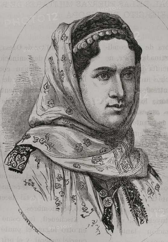 Elisabeth of Wied (Pauline Elisabeth Ottilie Luise) (1843-1916). Queen consort of Romania as the wife of King Carol I. She was a novelist under the pseudonym Carmen Sylva. Portrait as princess consort wearing traditional costume. Engraving. ""La Guerra de Oriente"" (The Russo-Turkish War). Volume I. 1877.