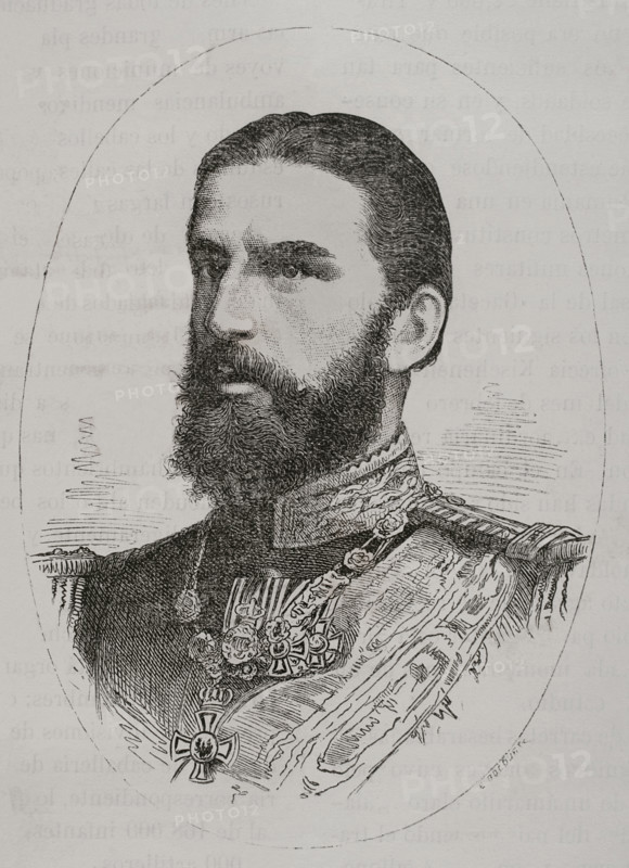 Carol I of Romania (1839-1914). German prince elected Domnitor or Prince of Romania (1866-1881) and King (1881-1914). Personally commanded the Romanian troops in the Russo-Turkish War (1877-1878). Portrait as prince. Engraving. ""La Guerra de Oriente"" (The Russo-Turkish War). Volume I. 1877.
