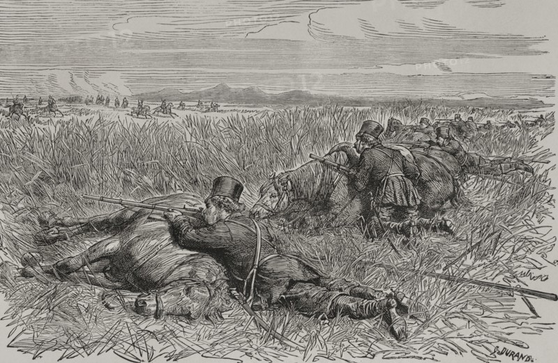 Russo-Turkish War (1877-1878). Cossack ambush. Engraving by Durand. ""La Guerra de Oriente"" (The Russo-Turkish War). Volume I. 1877.