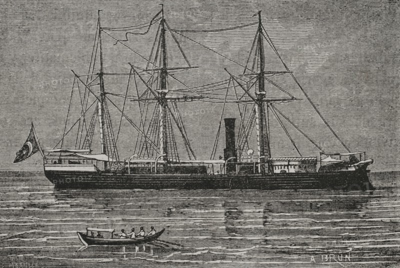 Russo-Turkish War (1877-1878). The Turkish gun-boat ""Lutffi-Djelil"", sunk by the Russian batteries near Braila (Romania). Engraving by A. Brun. ""La Guerra de Oriente"" (The Russo-Turkish War). Volume I. 1877.